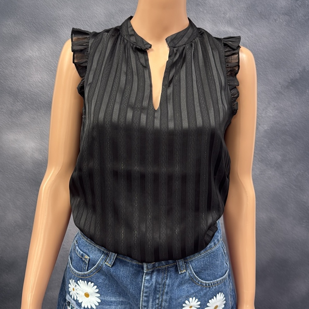 WHBM Black Sleeveless Ruffled Blouse